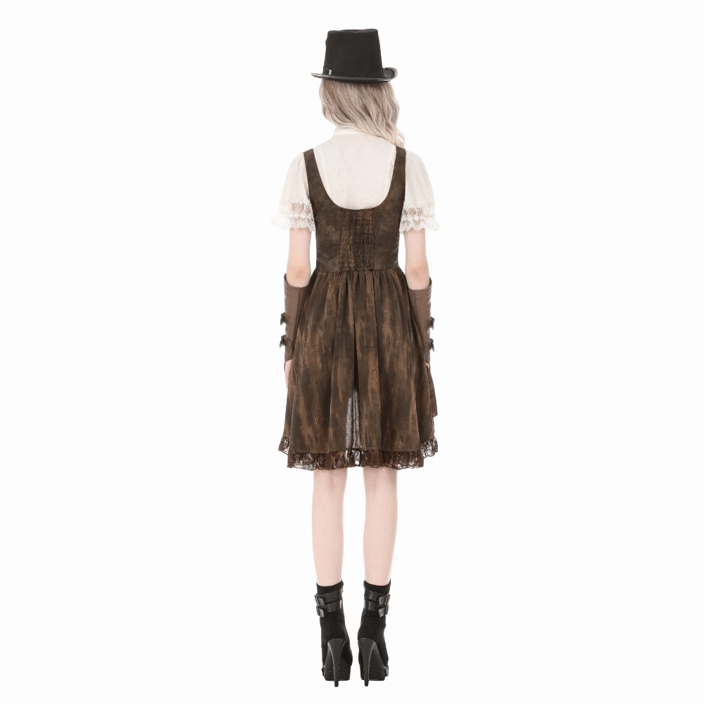 Darkinlove Women's Steampunk Lace Patchwork Lace-up Puff Sleeve Shirt