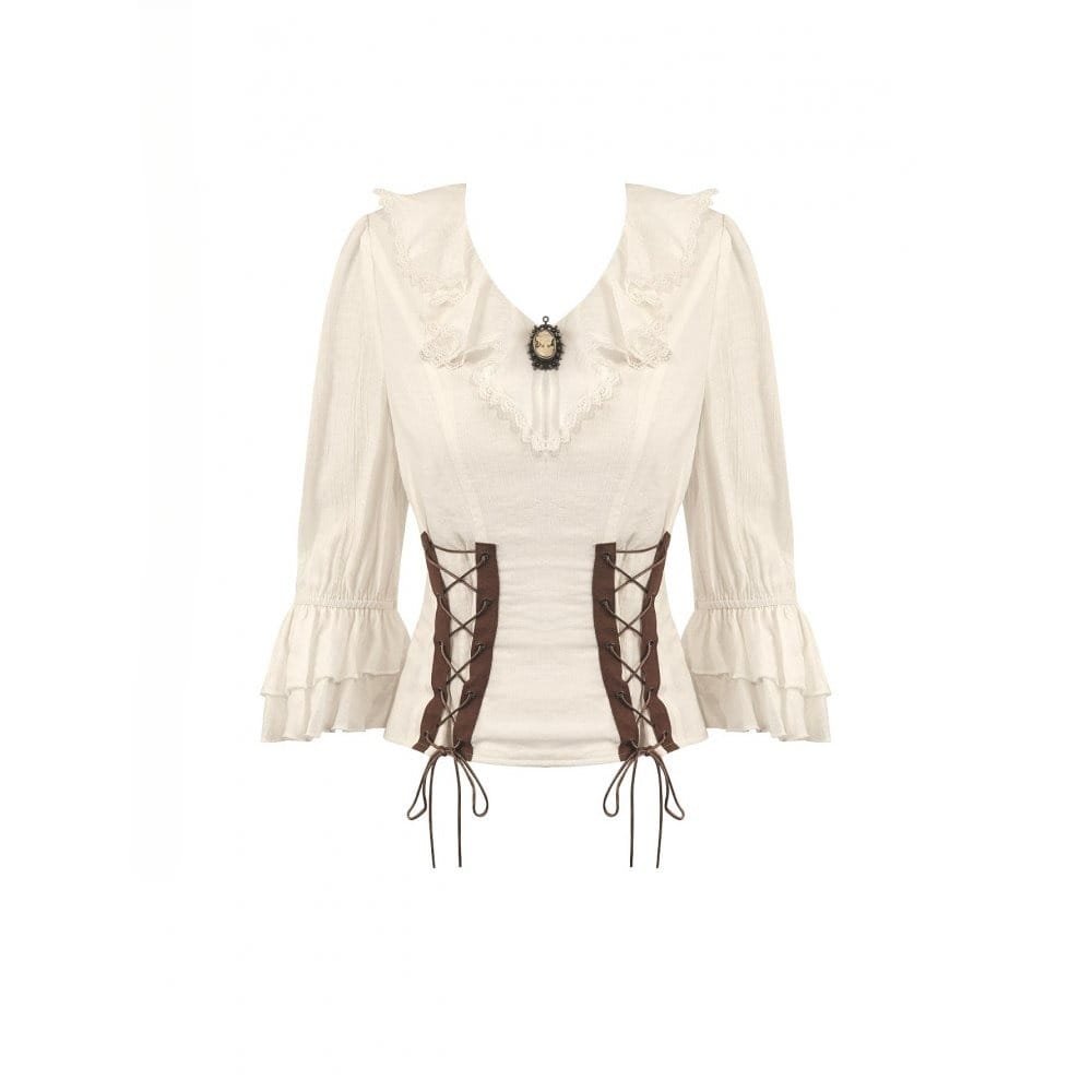 Darkinlove Women's Steampunk Lace-up Ruffle V-neck 3/4 Sleeve Blouse
