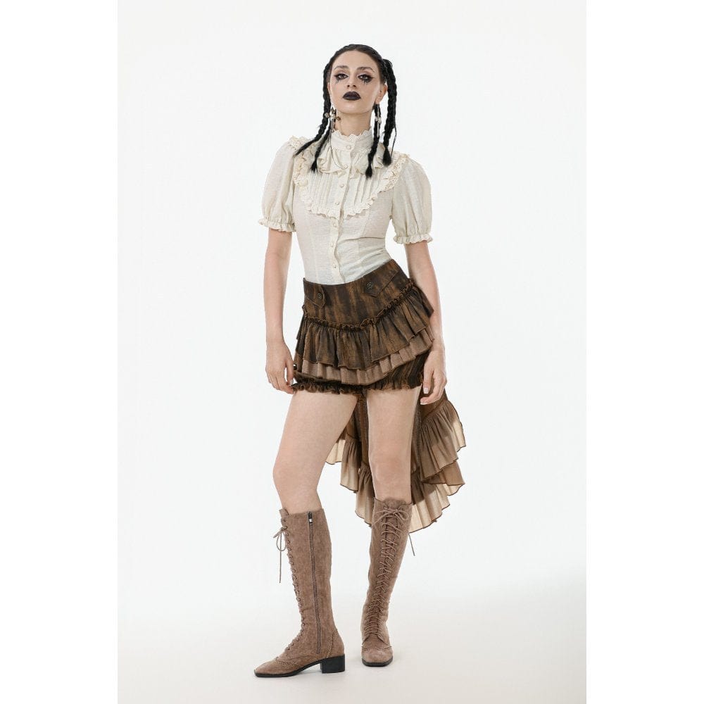 Darkinlove Women's Steampunk Stand Collar Ruffles Short Sleeved Shirt