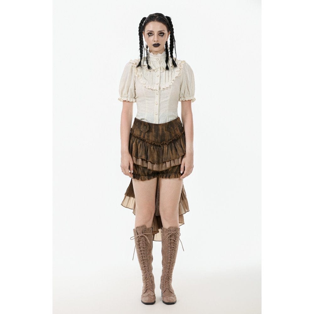 Darkinlove Women's Steampunk Stand Collar Ruffles Short Sleeved Shirt