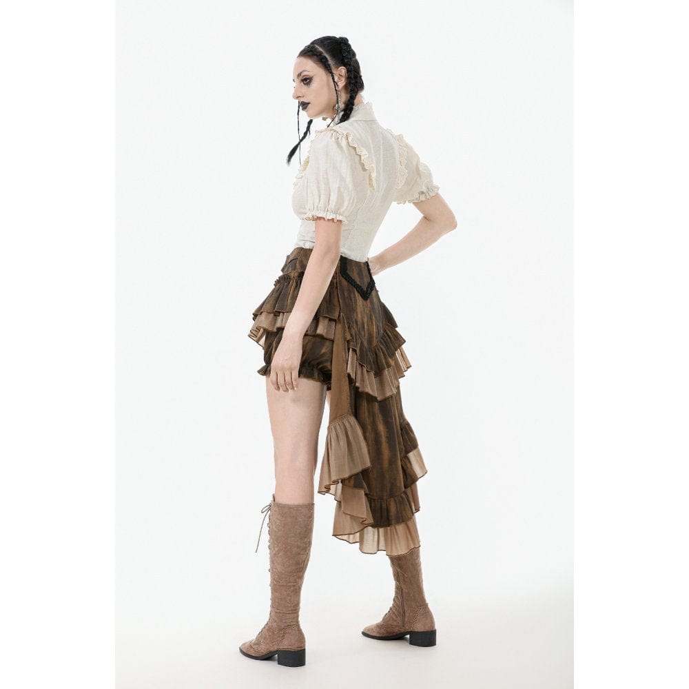 Darkinlove Women's Steampunk Stand Collar Ruffles Short Sleeved Shirt