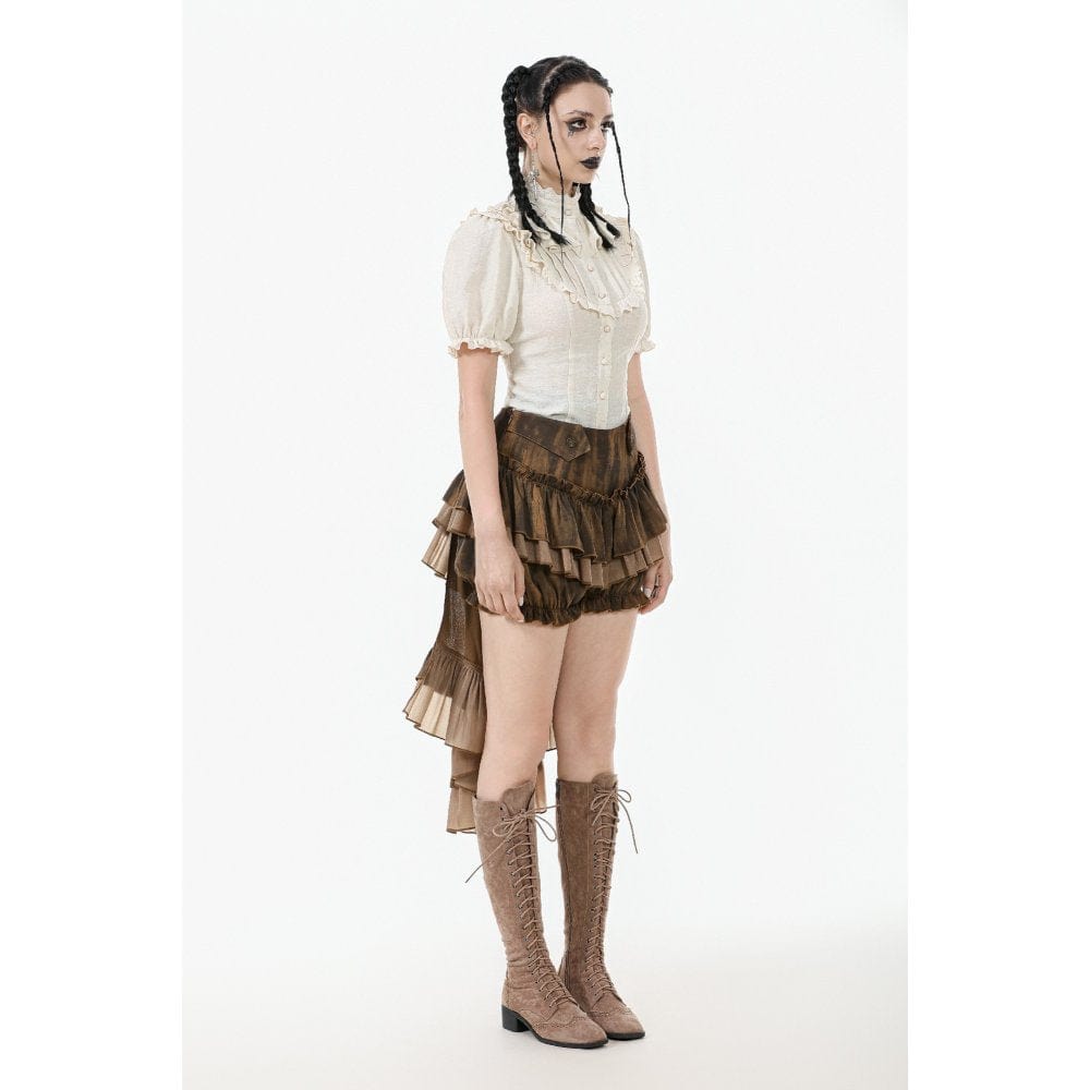 Darkinlove Women's Steampunk Stand Collar Ruffles Short Sleeved Shirt