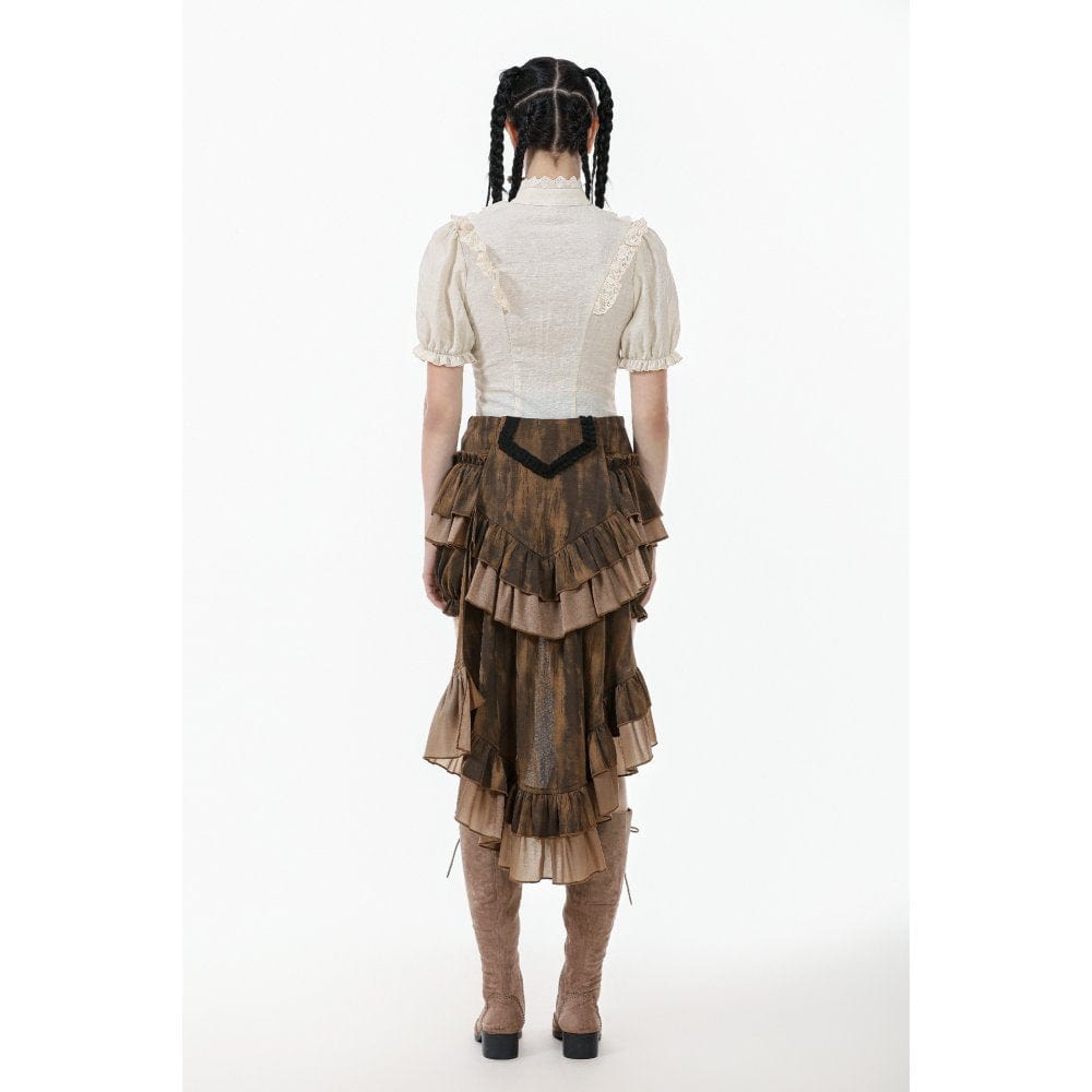 Darkinlove Women's Steampunk Stand Collar Ruffles Short Sleeved Shirt