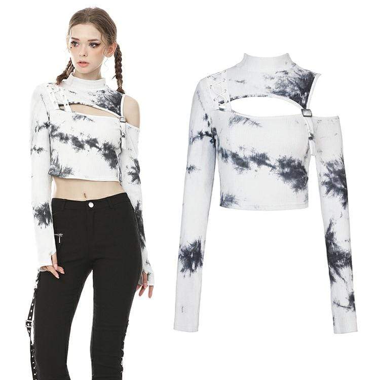 Darkinlove Women's Tie-dyed Cutout Long Sleeved Crop Tops