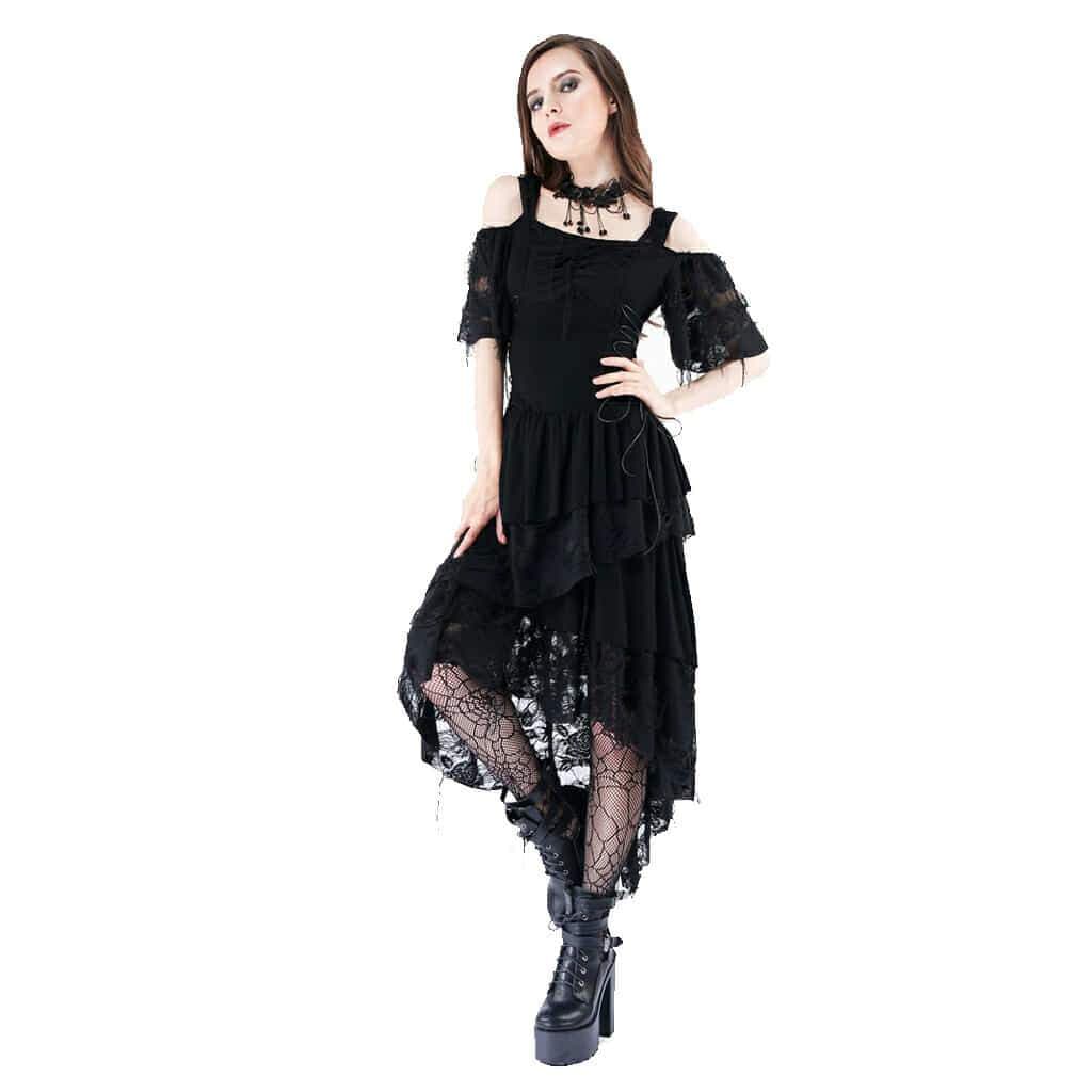 Darkinlove Women's Tiered Cold Shoulder Goth Little Black Dress