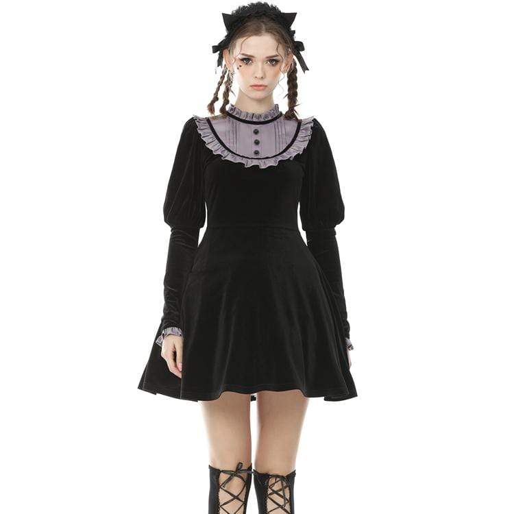 Darkinlove Women's Vintage Gothic Puff Sleeved Velet Doll Dresses