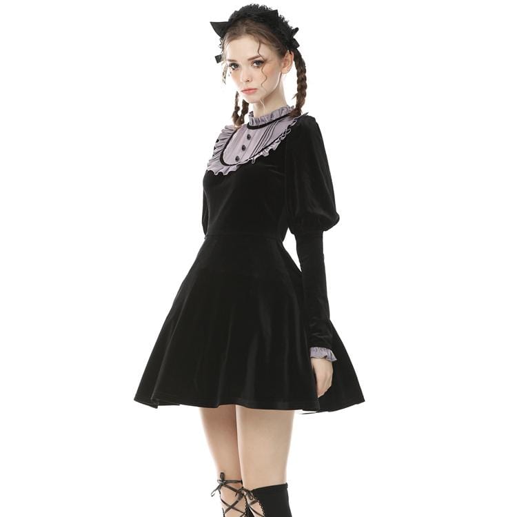 Darkinlove Women's Vintage Gothic Puff Sleeved Velet Doll Dresses