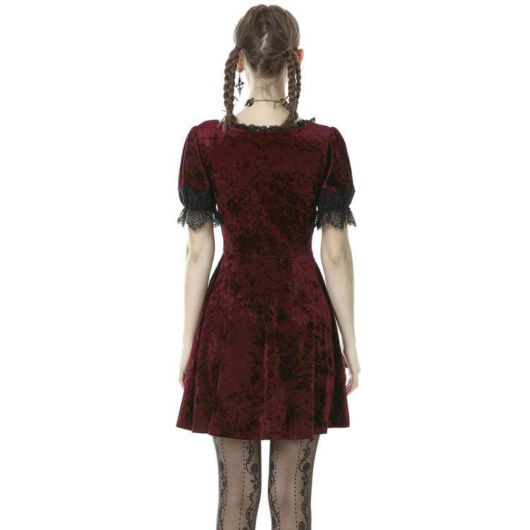 Darkinlove Women's Vintage Gothic Rose Red Velet Dresses with Lace Sleeves