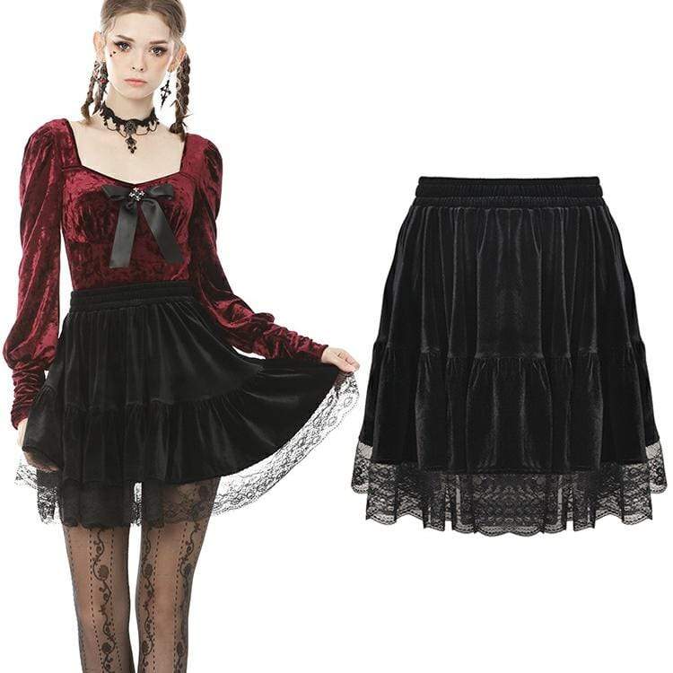 Darkinlove Women's Vintage Gothic Ruffles Velet Mini Skirts with Lace Hem