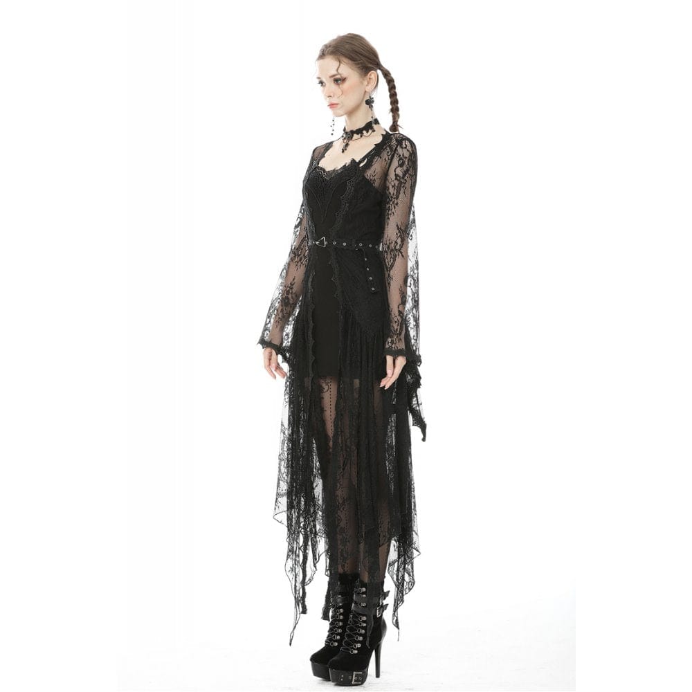 Darkinlove Women's Vintage Gothic Sheer Floral Lace Maxi Cape with Belts