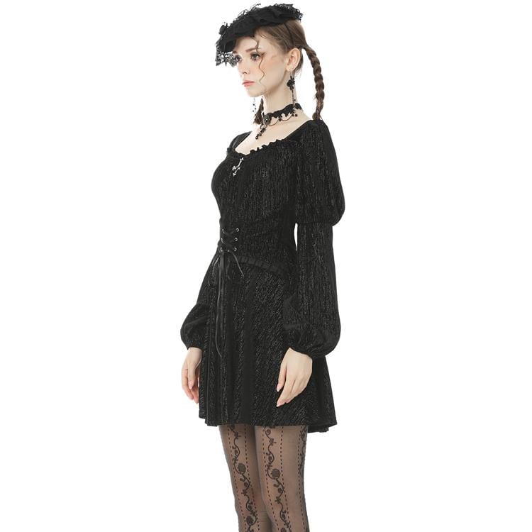 Darkinlove Women's Vintage Gothic Square Collar Puff Sleeved Velet Dress