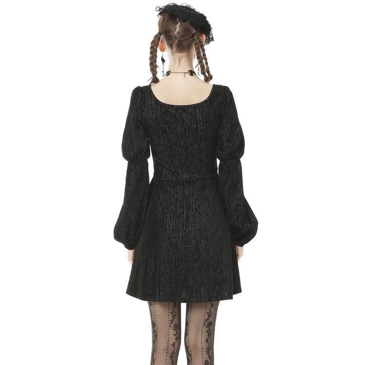 Darkinlove Women's Vintage Gothic Square Collar Puff Sleeved Velet Dress