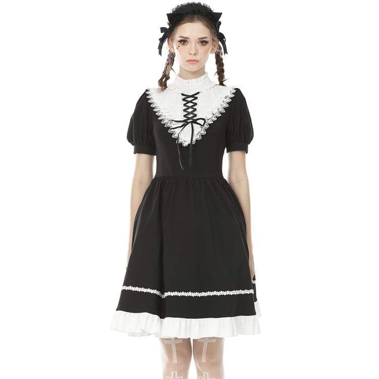 Darkinlove Women's Vintage Gothic Stand Collar Lacing Ruffles Princess Dresses