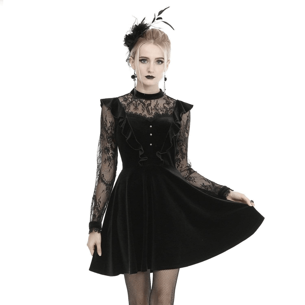 Darkinlove Women's Vintage Lace Sleeve Velet Dresses