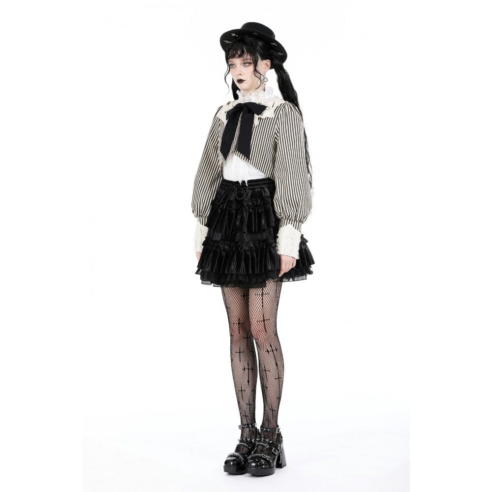 Darkinlove Women's Vintage Puff Sleeved Striped Short Shirt