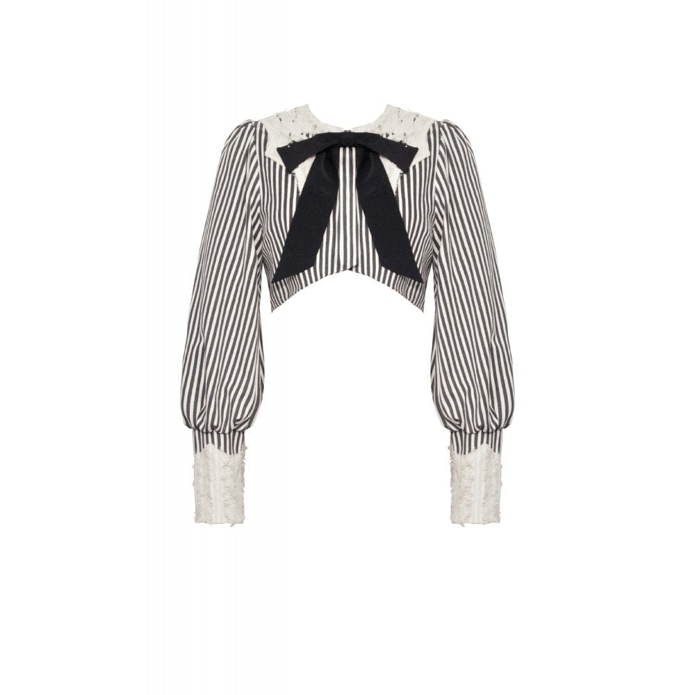 Darkinlove Women's Vintage Puff Sleeved Striped Short Shirt