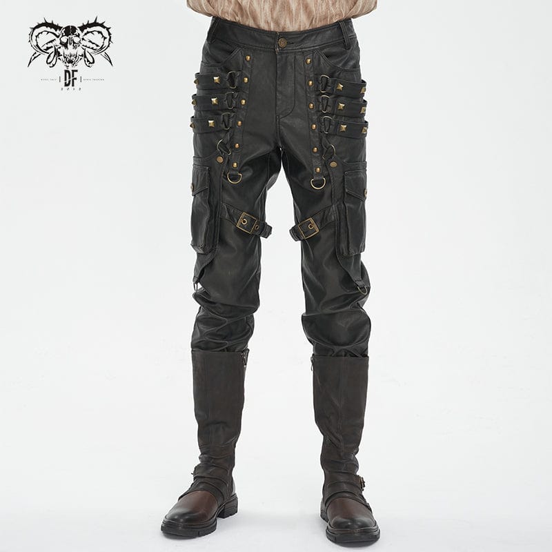 DEVIL FASHION Men's Gothic Big-pocket Gold Studded Faux Leather Pants