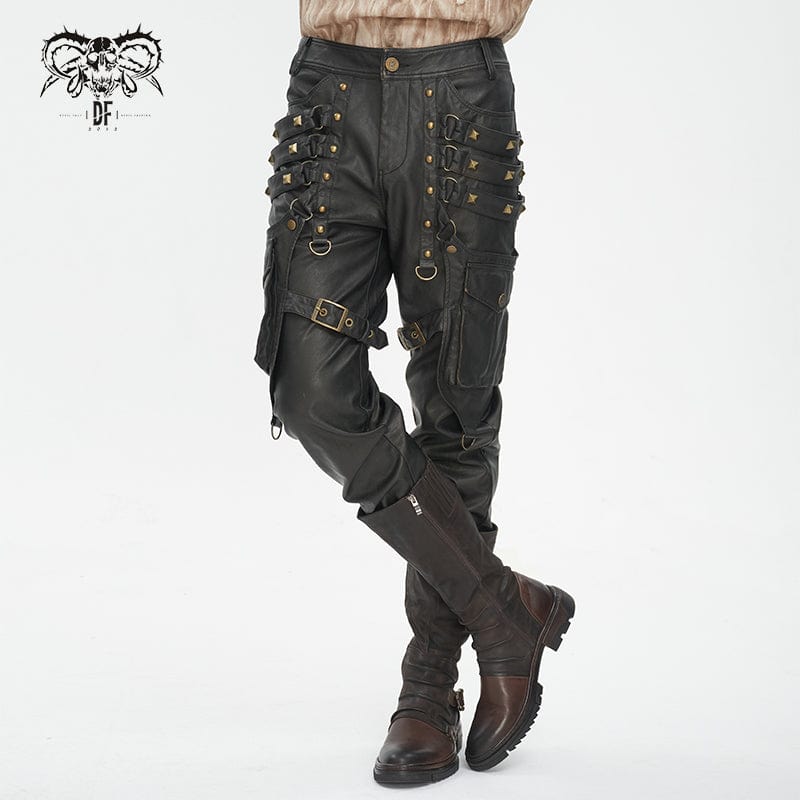 DEVIL FASHION Men's Gothic Big-pocket Gold Studded Faux Leather Pants