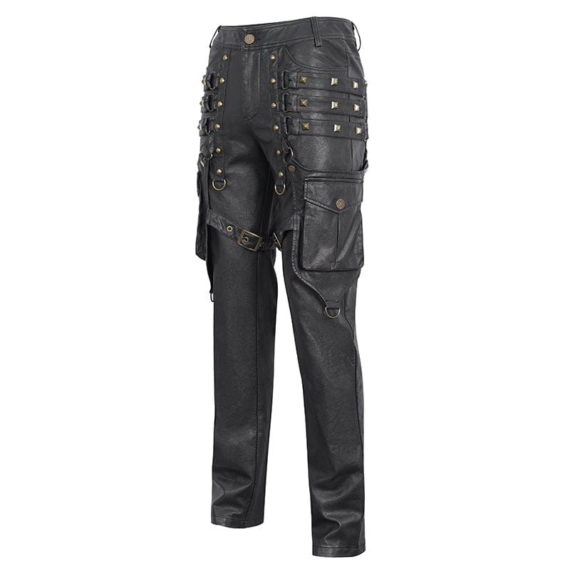 DEVIL FASHION Men's Gothic Big-pocket Gold Studded Faux Leather Pants