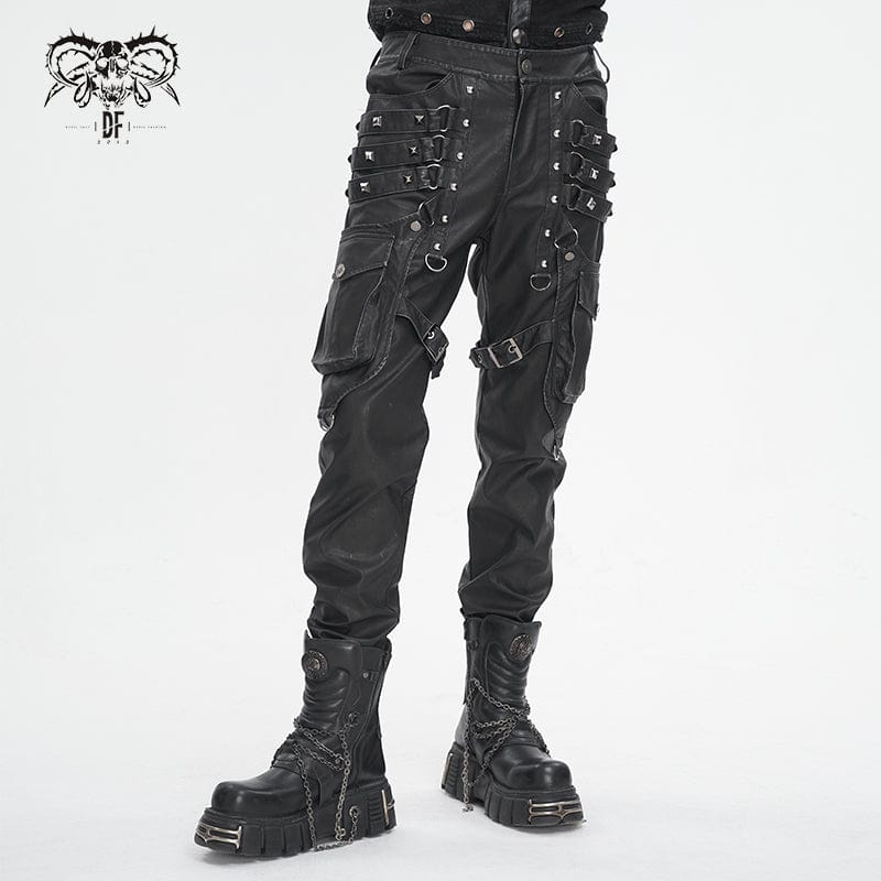 DEVIL FASHION Men's Gothic Big-pocket Sliver Studded Faux Leather Pants