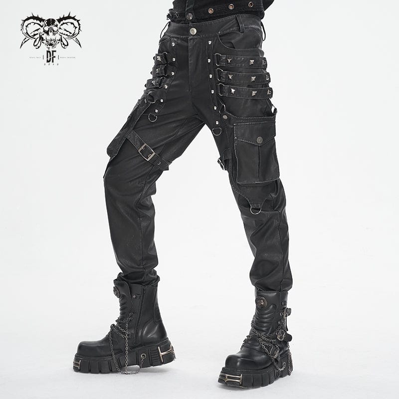 DEVIL FASHION Men's Gothic Big-pocket Sliver Studded Faux Leather Pants