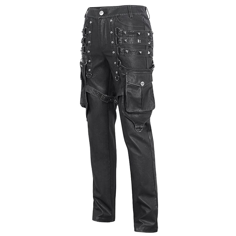 DEVIL FASHION Men's Gothic Big-pocket Sliver Studded Faux Leather Pants