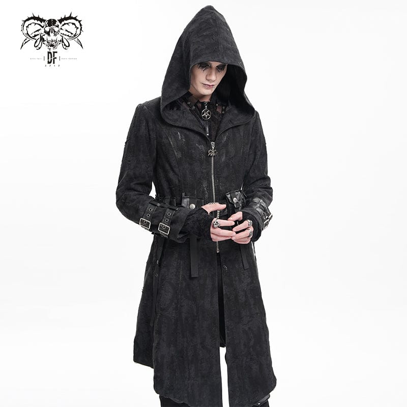 DEVIL FASHION Men's Gothic Buckle-up Eyelets Jacket with Hood