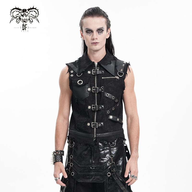 DEVIL FASHION Men's Gothic Buckle-up Eyelets Ripped Vest