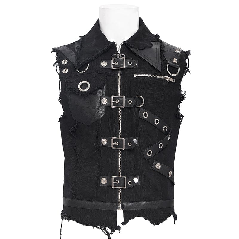 DEVIL FASHION Men's Gothic Buckle-up Eyelets Ripped Vest