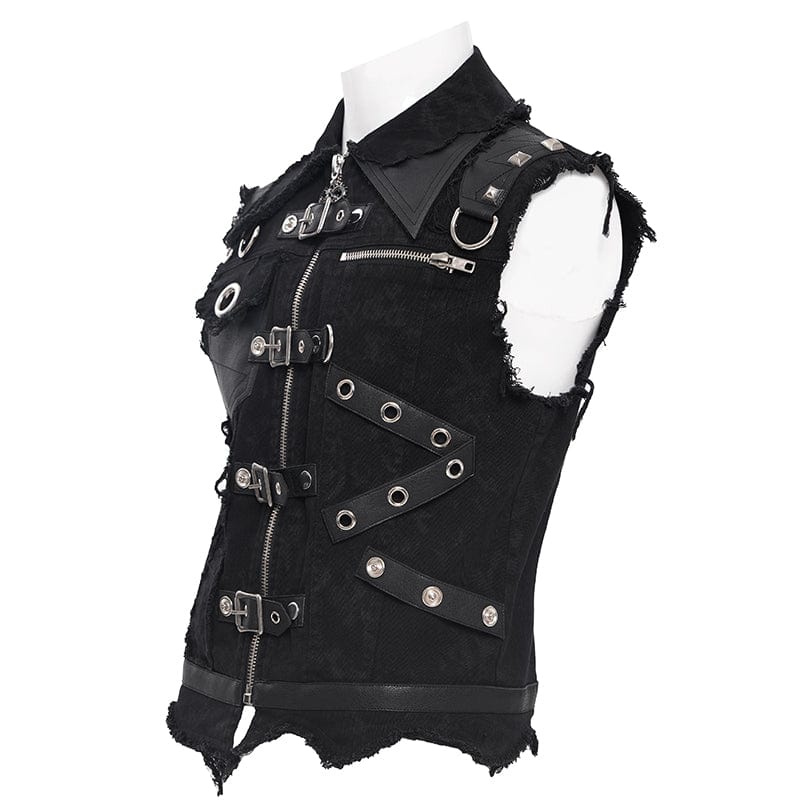 DEVIL FASHION Men's Gothic Buckle-up Eyelets Ripped Vest