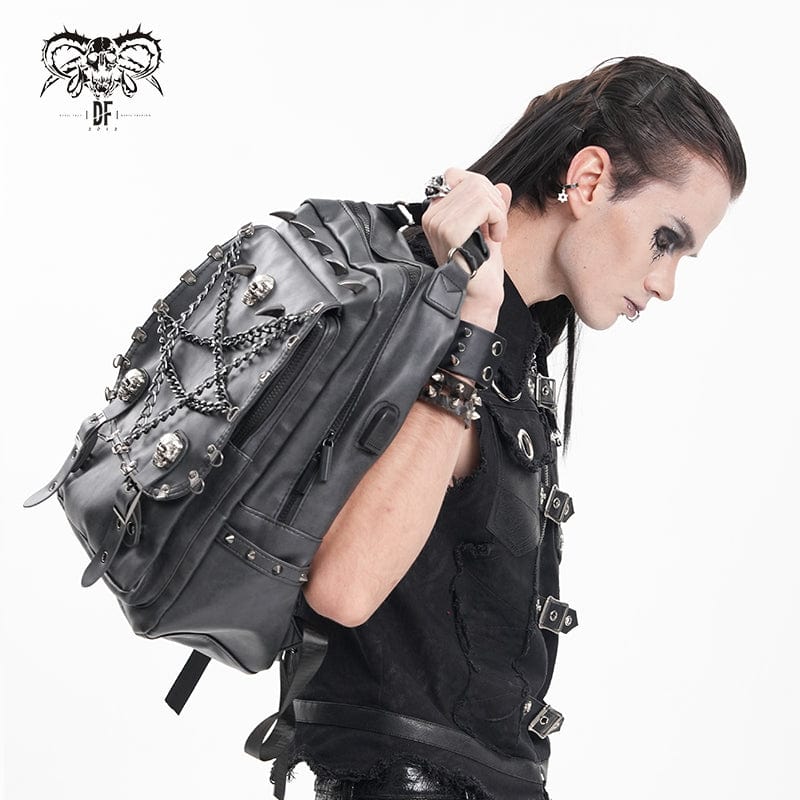 DEVIL FASHION Men's Gothic Buckle-up Rivets Skull Bag