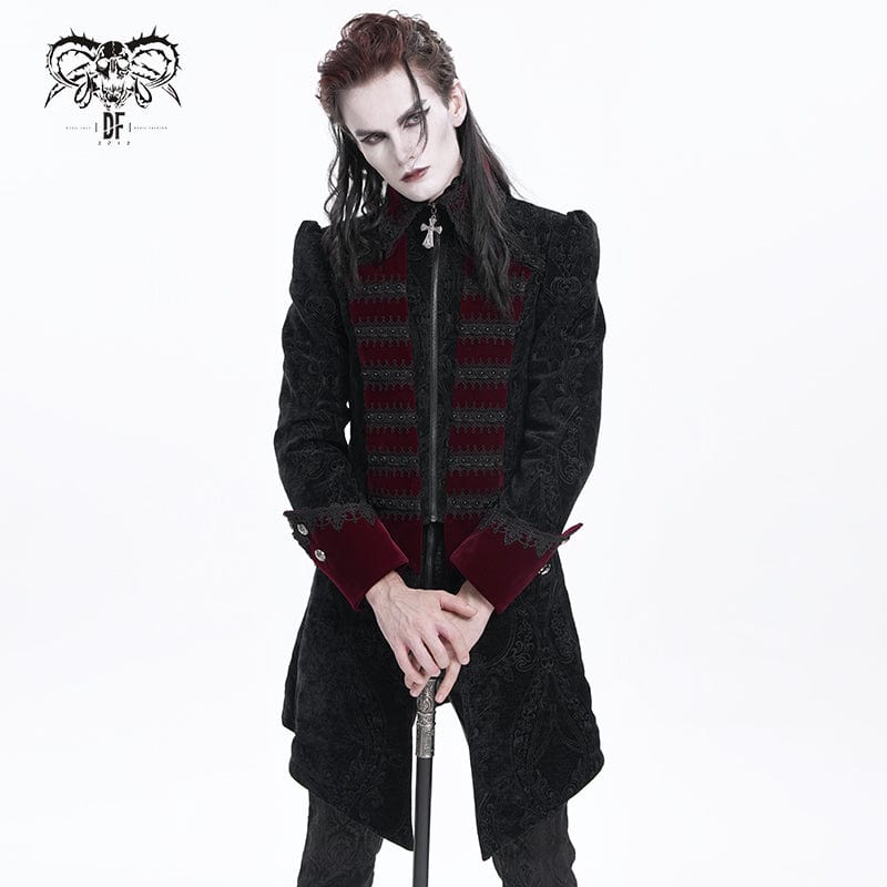 DEVIL FASHION Men's Gothic Cross Crochet Jacket Black Red