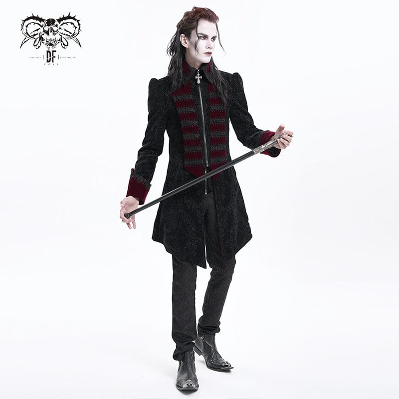 DEVIL FASHION Men's Gothic Cross Crochet Jacket Black Red