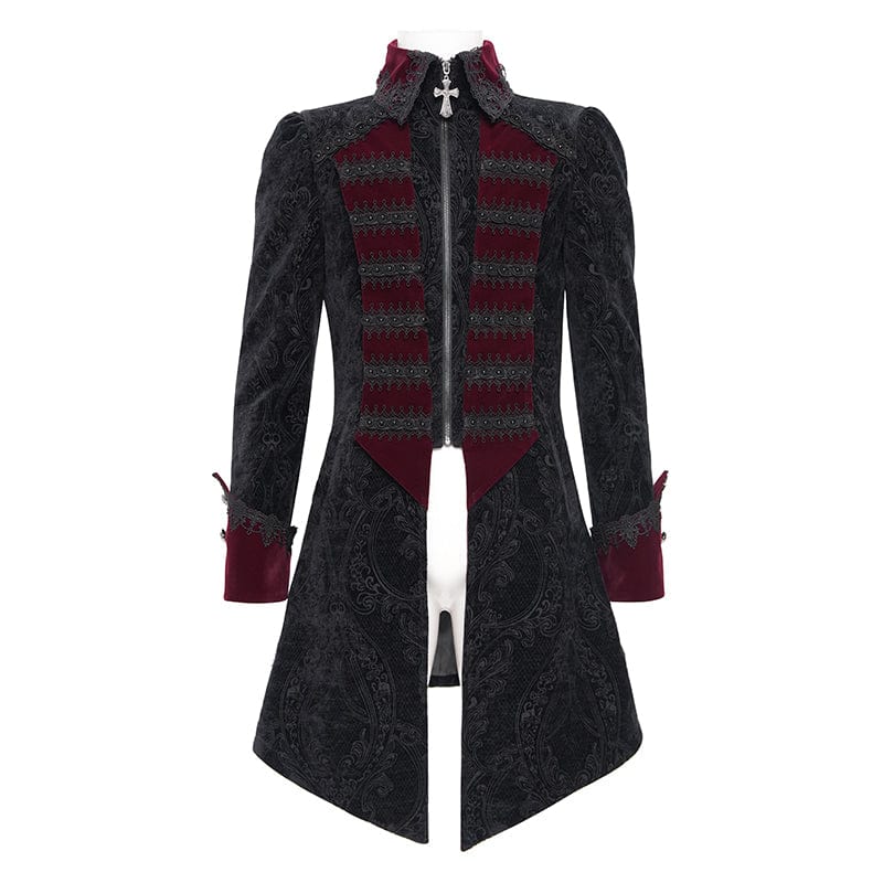 DEVIL FASHION Men's Gothic Cross Crochet Jacket Black Red