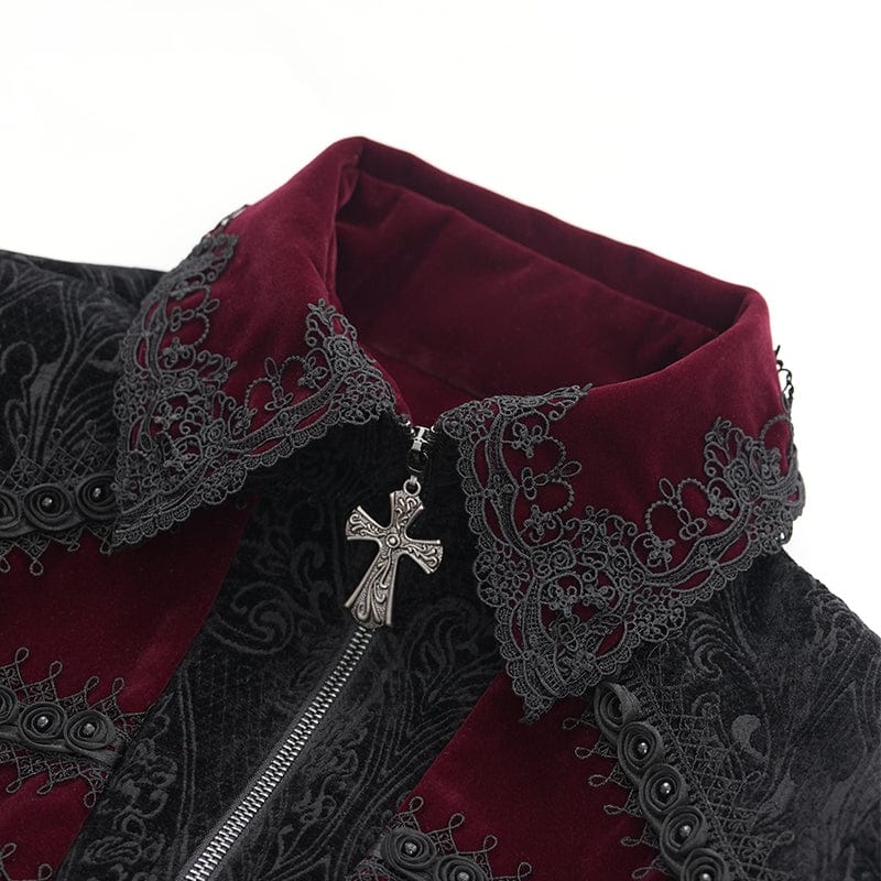 DEVIL FASHION Men's Gothic Cross Crochet Jacket Black Red