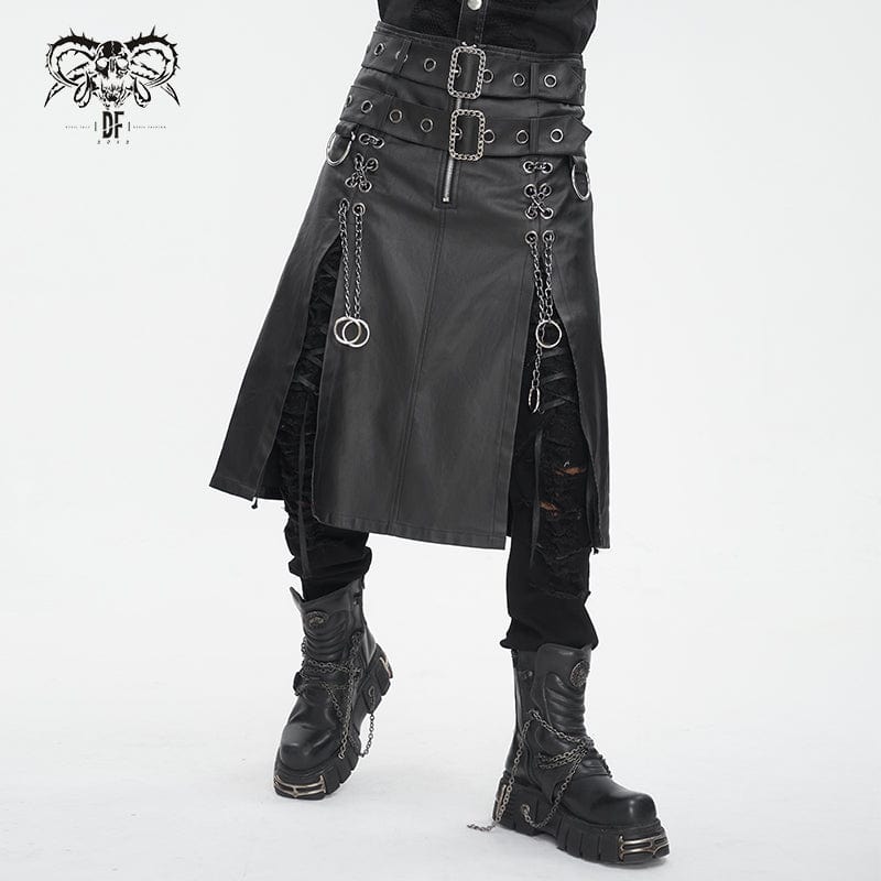 DEVIL FASHION Men's Gothic Double-belt Side Slit Skirt