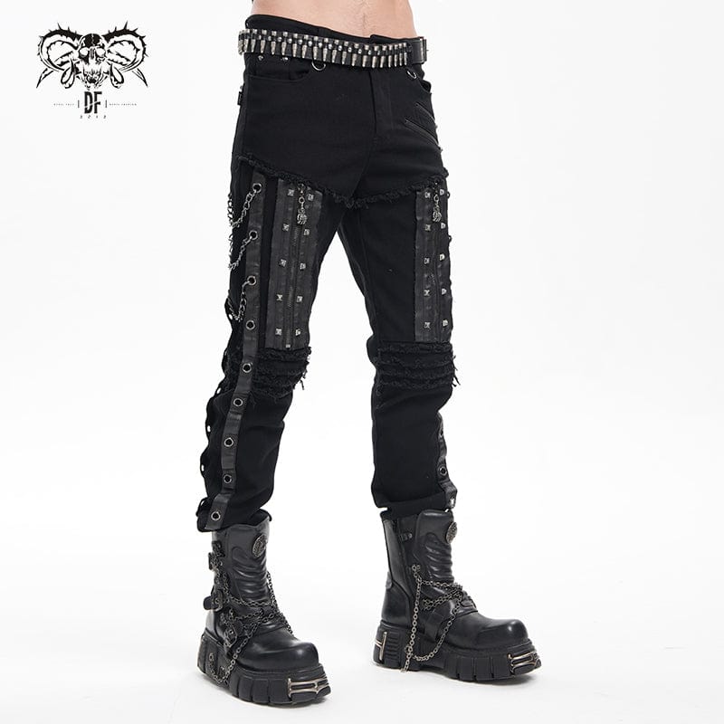 DEVIL FASHION Men's Gothic Eyelets Chains Studs Trousers