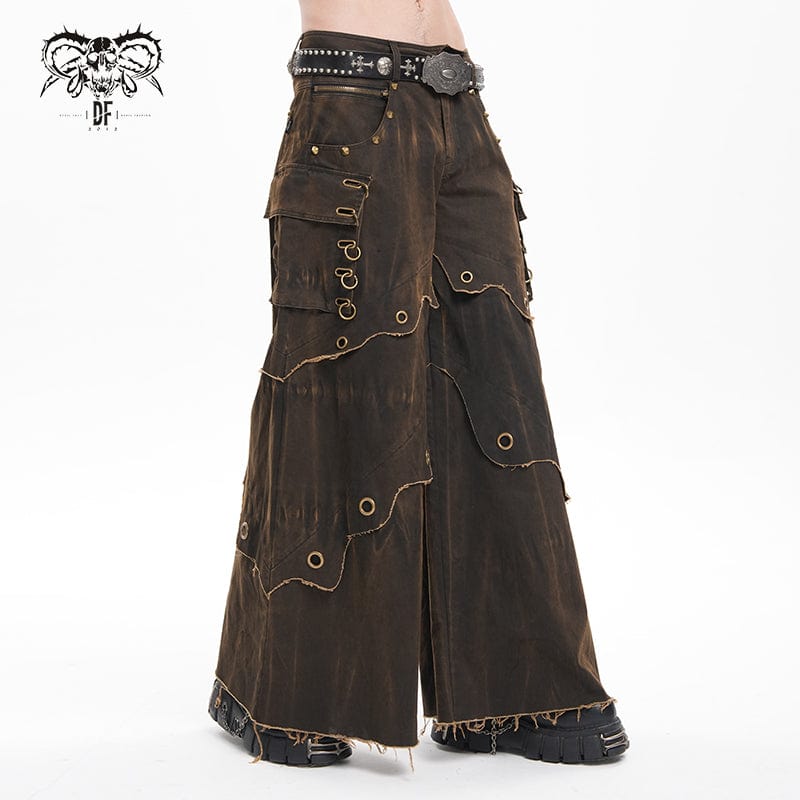 DEVIL FASHION Men's Gothic Eyelets Rings Pocket Trousers Coffee