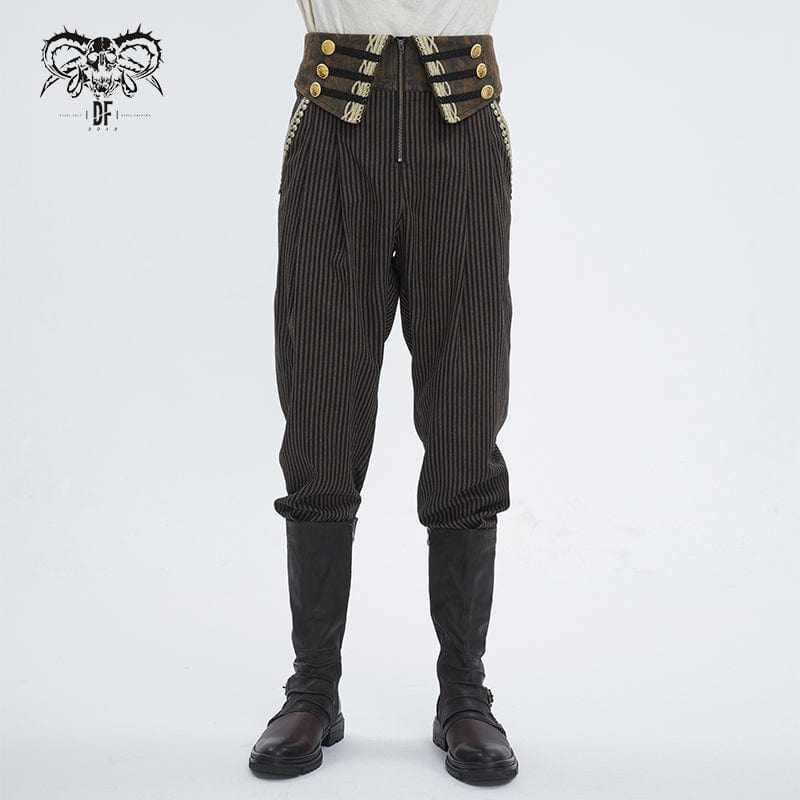 DEVIL FASHION Men's Gothic Faux Leather Splice Striped Pants