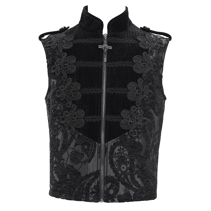 DEVIL FASHION Men's Gothic Floral Crochet Zip Vest