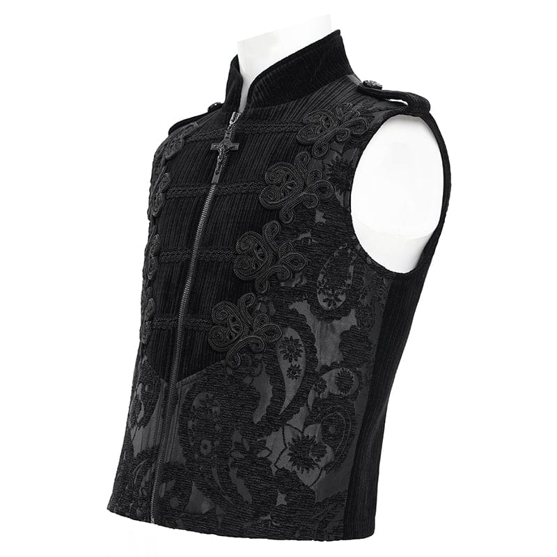 DEVIL FASHION Men's Gothic Floral Crochet Zip Vest