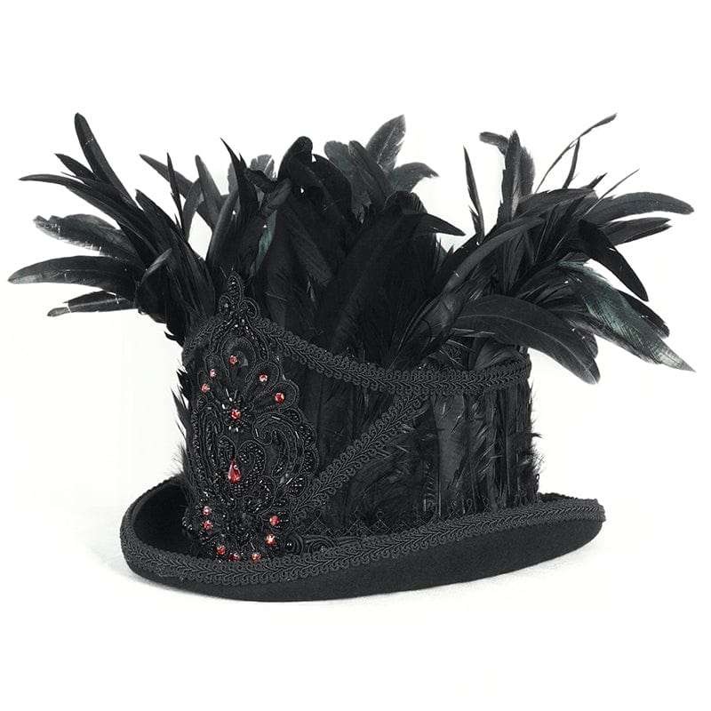 DEVIL FASHION Men's Gothic Floral Embroidered Feather Top Hat