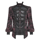 DEVIL FASHION Men's Gothic Floral Printed Stand Collar Lantern Sleeved Shirt Black-Red