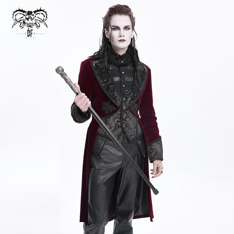 DEVIL FASHION Men's Gothic Floral Velvet Jacket Wine Red