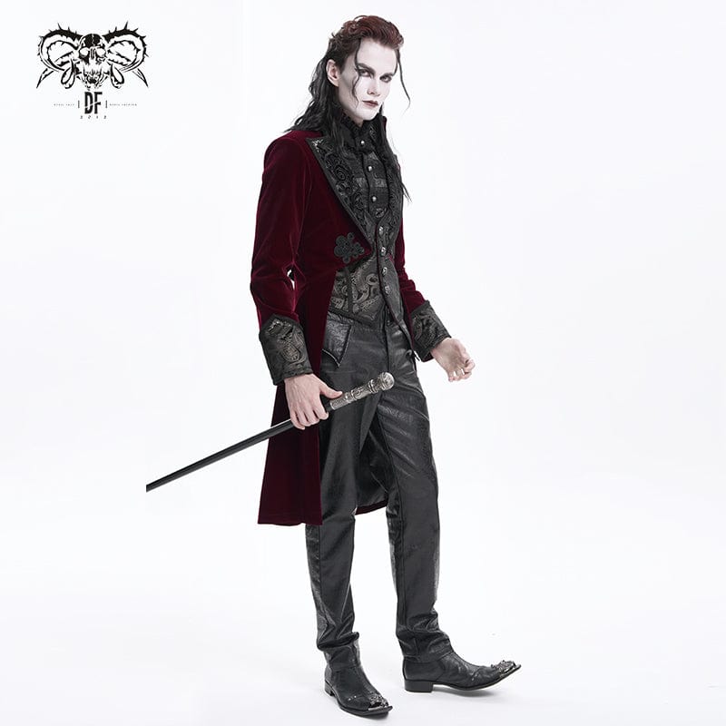 DEVIL FASHION Men's Gothic Floral Velvet Jacket Wine Red