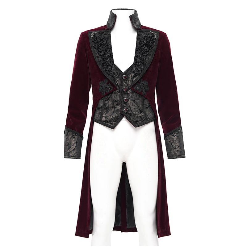 DEVIL FASHION Men's Gothic Floral Velvet Jacket Wine Red