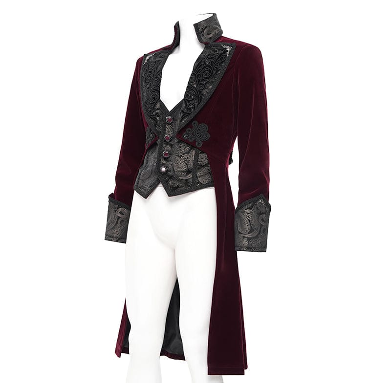 DEVIL FASHION Men's Gothic Floral Velvet Jacket Wine Red