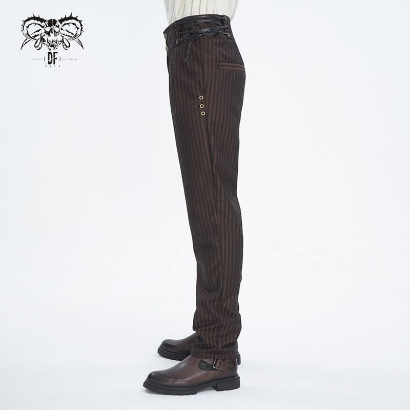 DEVIL FASHION Men's Gothic High-waisted Lace-up Striped Coffee Pants