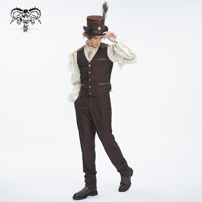 DEVIL FASHION Men's Gothic High-waisted Lace-up Striped Coffee Pants