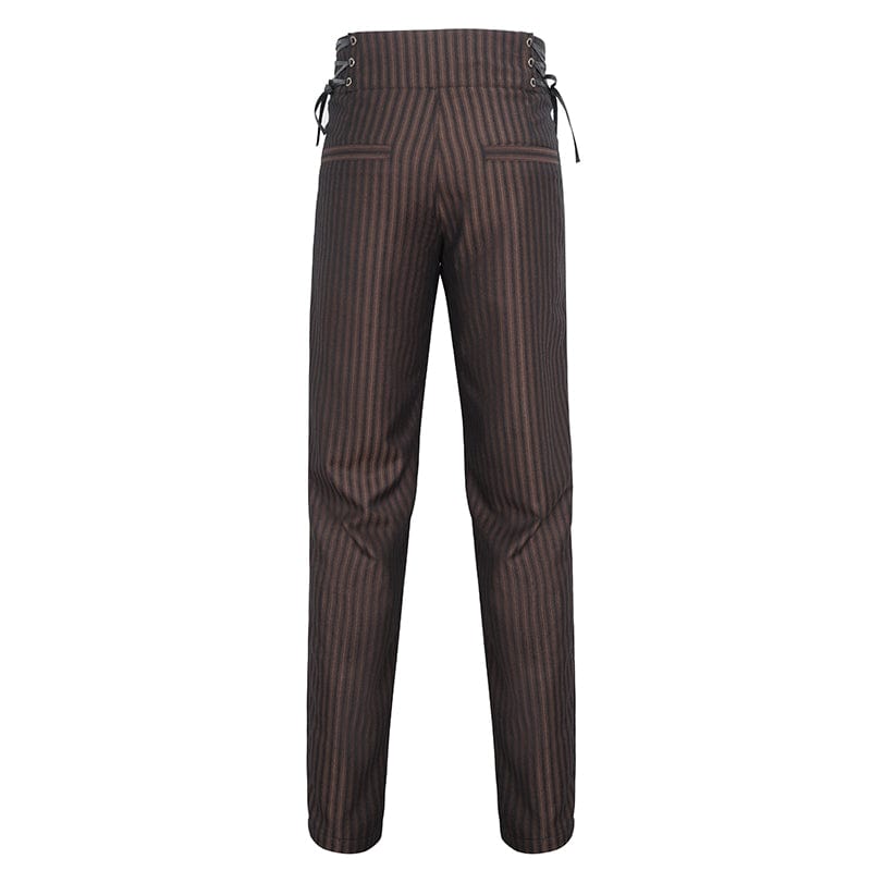 DEVIL FASHION Men's Gothic High-waisted Lace-up Striped Coffee Pants